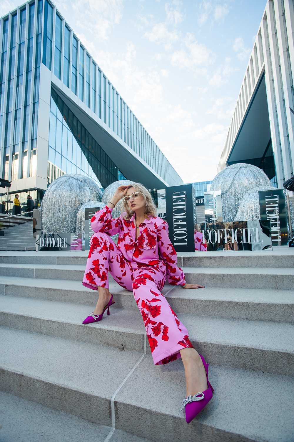 Editorial portrait in a bold pink look